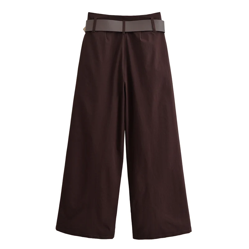 Damen hochtaillierte Culotte-Hose mit weitem Bein, Bundfalten und Statement-Gürtel Nord Taschen
