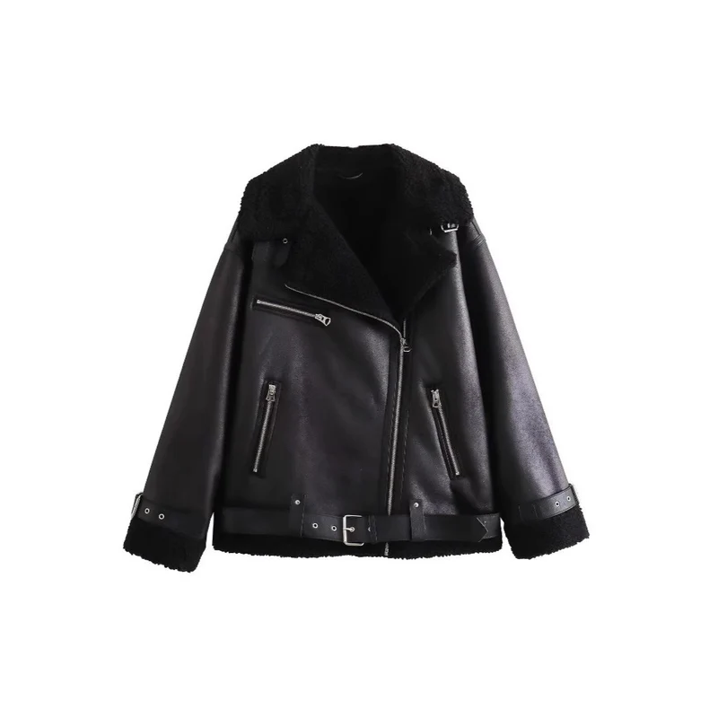 Damen Fliegerjacke im Bikerstil mit Teddyfutter, Kunstlederbesatz und Taillengürtel Nord Taschen