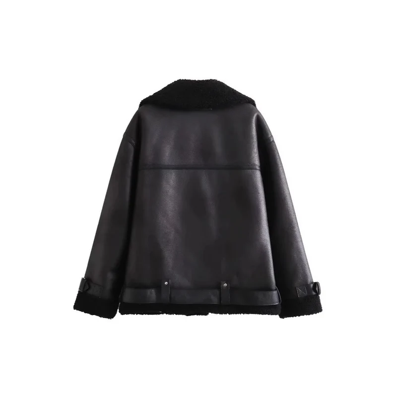 Damen Fliegerjacke im Bikerstil mit Teddyfutter, Kunstlederbesatz und Taillengürtel Nord Taschen
