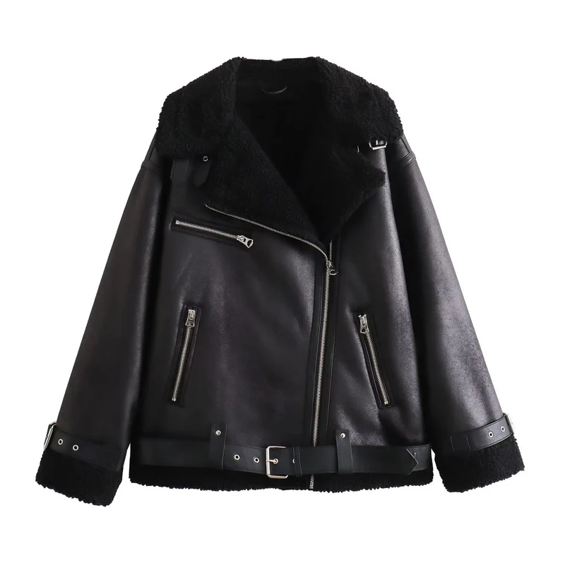 Damen Fliegerjacke im Bikerstil mit Teddyfutter, Kunstlederbesatz und Taillengürtel Nord Taschen