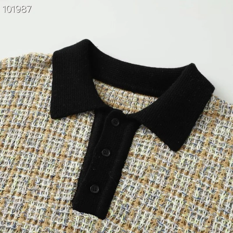 Damen Feinstrick-Polo mit Tweed-Optik, langarm und kontrastierendem Kragen Nord Taschen