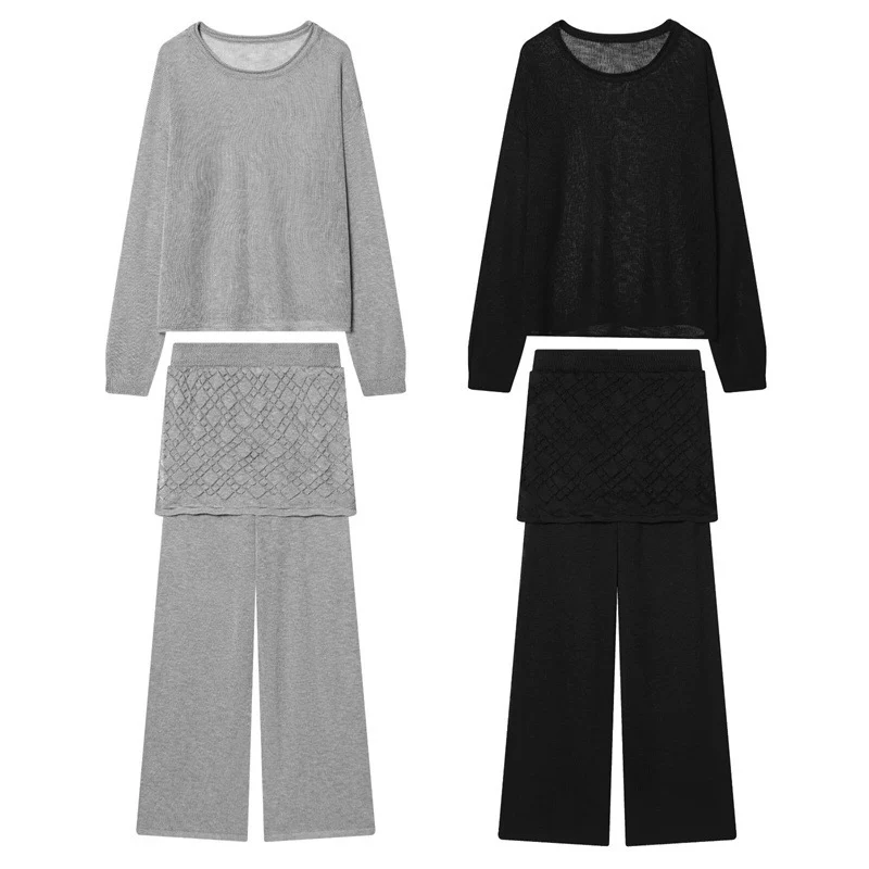 Damen Feinstrick-Loungewear-Set mit Rundhals-Pullover, weitem Palazzo und strukturierter Rock-Overlay Nord Taschen
