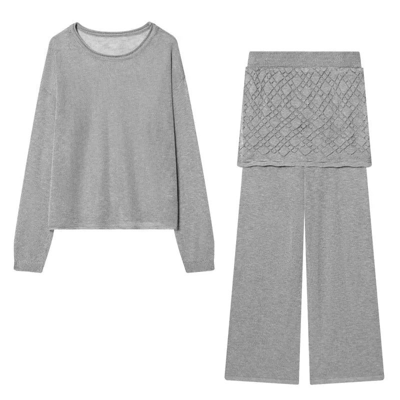 Damen Feinstrick-Loungewear-Set mit Rundhals-Pullover, weitem Palazzo und strukturierter Rock-Overlay Nord Taschen