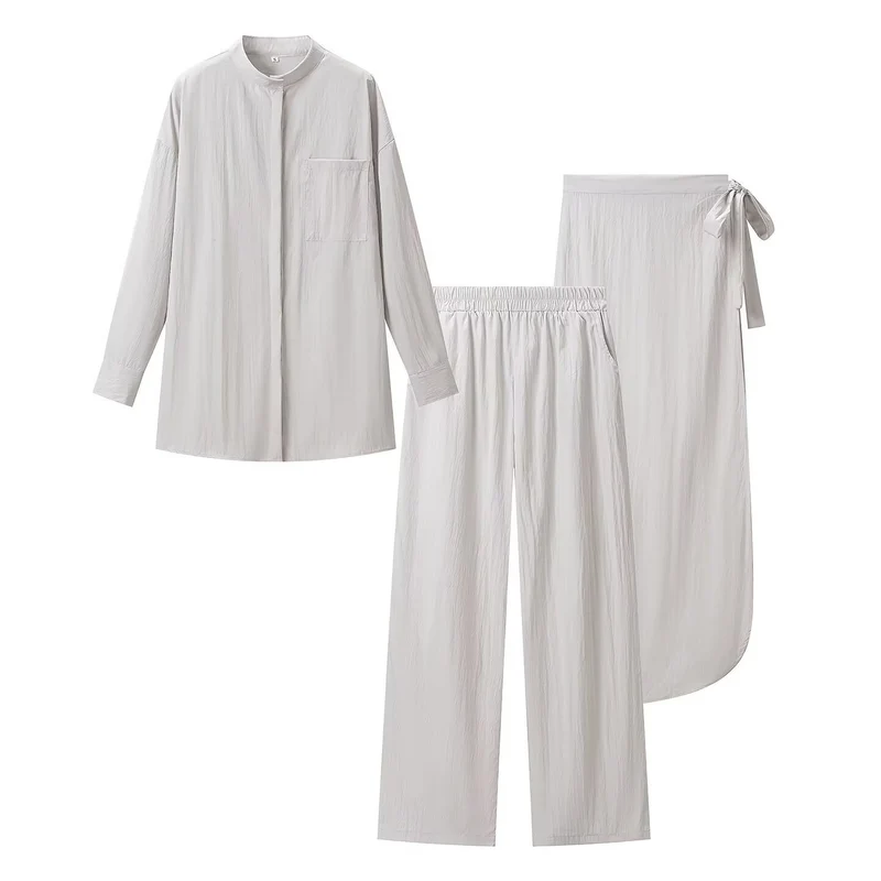 Damen Dreiteiliges Loungewear-Set mit Stehkragen-Hemd, Elastischer Palazzo-Hose und Wickelrock Nord Taschen