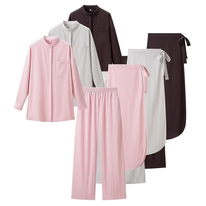 Damen Dreiteiliges Loungewear-Set mit Stehkragen-Hemd, Elastischer Palazzo-Hose und Wickelrock Nord Taschen