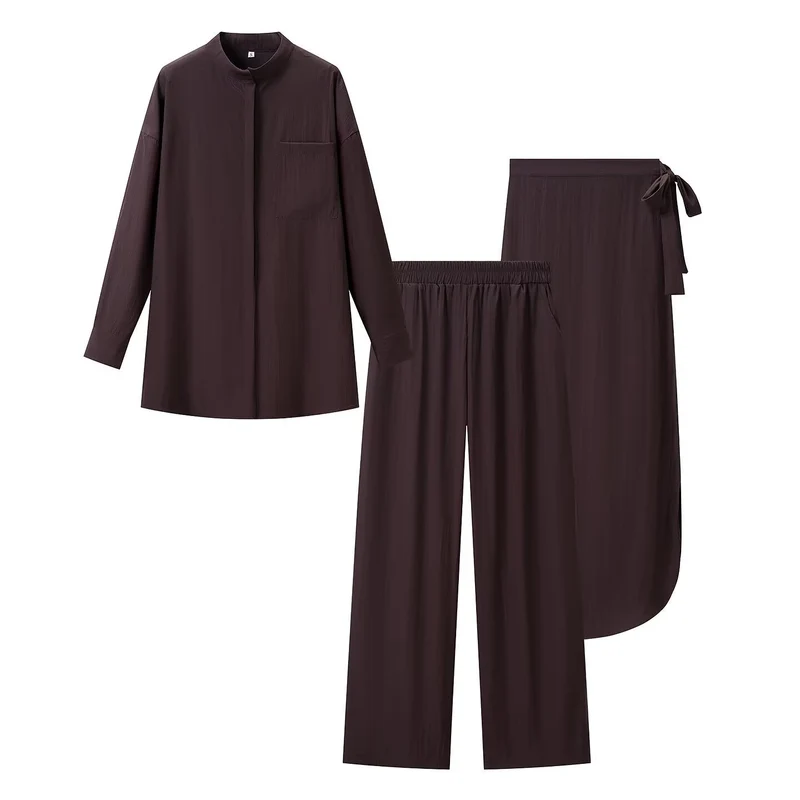 Damen Dreiteiliges Loungewear-Set mit Stehkragen-Hemd, Elastischer Palazzo-Hose und Wickelrock Nord Taschen