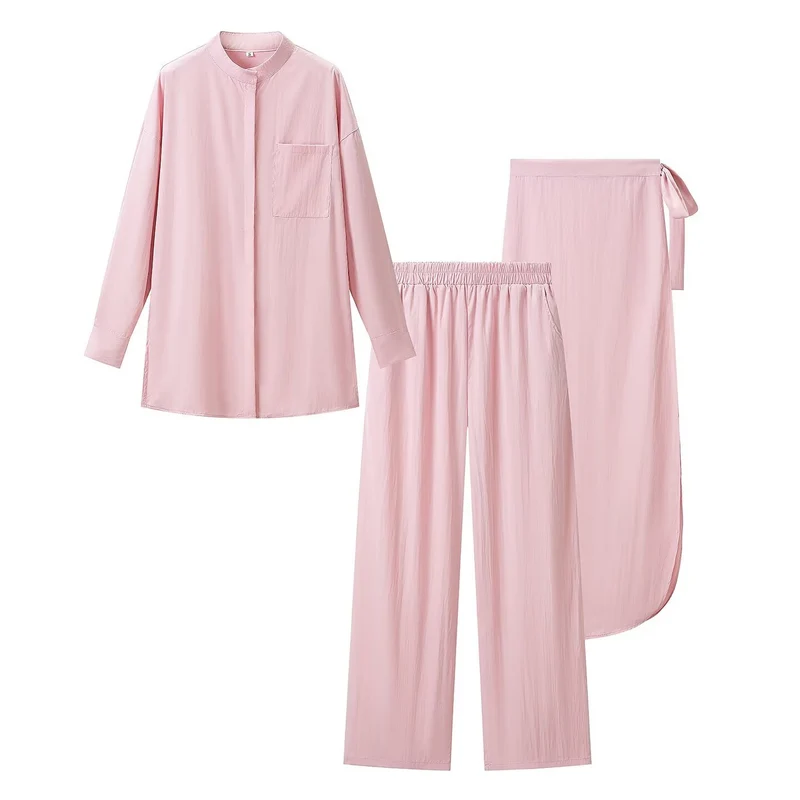 Damen Dreiteiliges Loungewear-Set mit Stehkragen-Hemd, Elastischer Palazzo-Hose und Wickelrock Nord Taschen