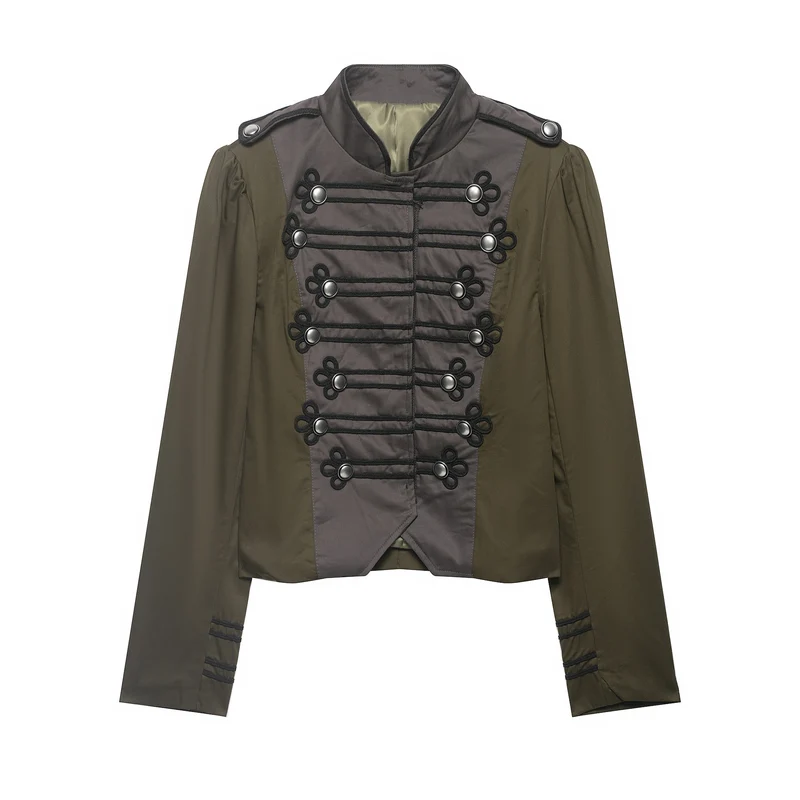 Damen Kurzjacke im Militärstil mit Stehkragen, Zierfrosch und Epauletten Nord Taschen