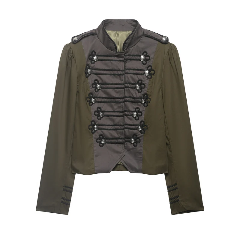 Damen Kurzjacke im Militärstil mit Stehkragen, Zierfrosch und Epauletten Nord Taschen