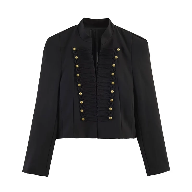 Damen Kurzjacke im militärischen Stil mit Stehkragen und Zierfrosch-Detail Nord Taschen