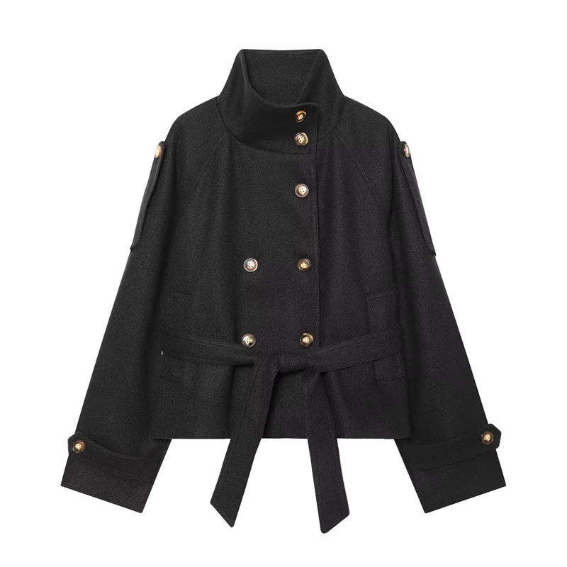 Damen Kurzjacke im Boxy-Cut mit hohem Stehkragen, Taillengürtel und Zierknopfleiste Nord Taschen