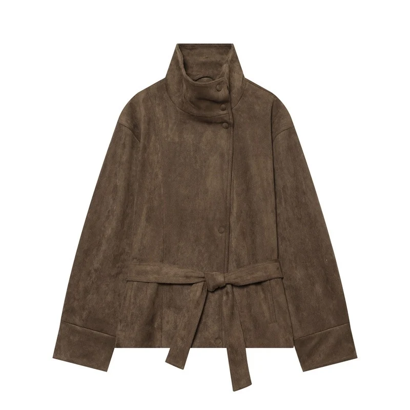 Damen Kurzjacke im Boxy-Cut aus Velourslederoptik mit hohem Stehkragen und Bindegürtel Nord Taschen