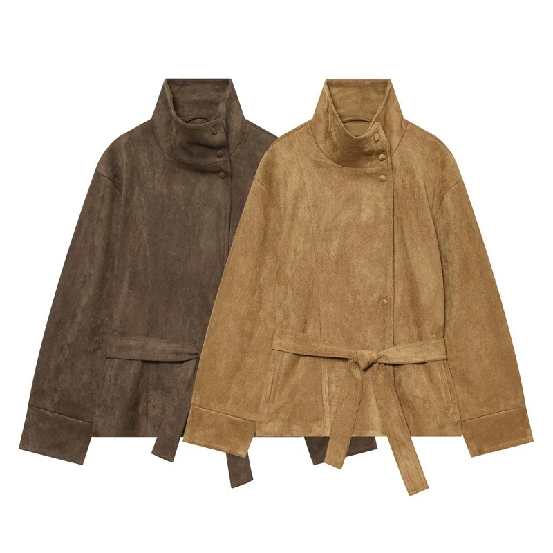 Damen Kurzjacke im Boxy-Cut aus Velourslederoptik mit hohem Stehkragen und Bindegürtel Nord Taschen