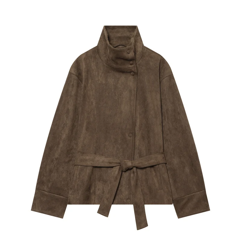 Damen Kurzjacke im Boxy-Cut aus Velourslederoptik mit hohem Stehkragen und Bindegürtel Nord Taschen