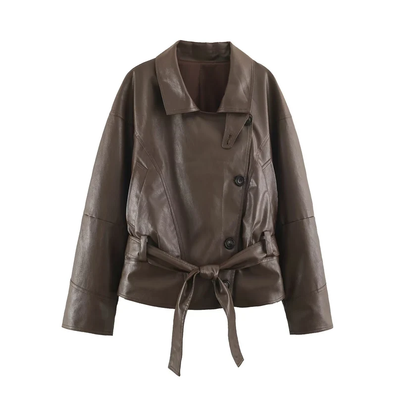 Damen Kurzjacke aus Lederoptik mit Bindegürtel und asymmetrischer Knopfleiste Nord Taschen