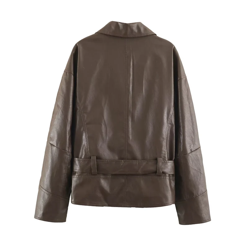 Damen Kurzjacke aus Lederoptik mit Bindegürtel und asymmetrischer Knopfleiste Nord Taschen