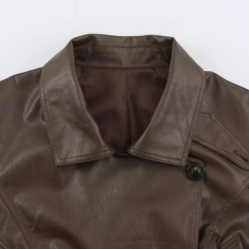 Damen Kurzjacke aus Lederoptik mit Bindegürtel und asymmetrischer Knopfleiste Nord Taschen