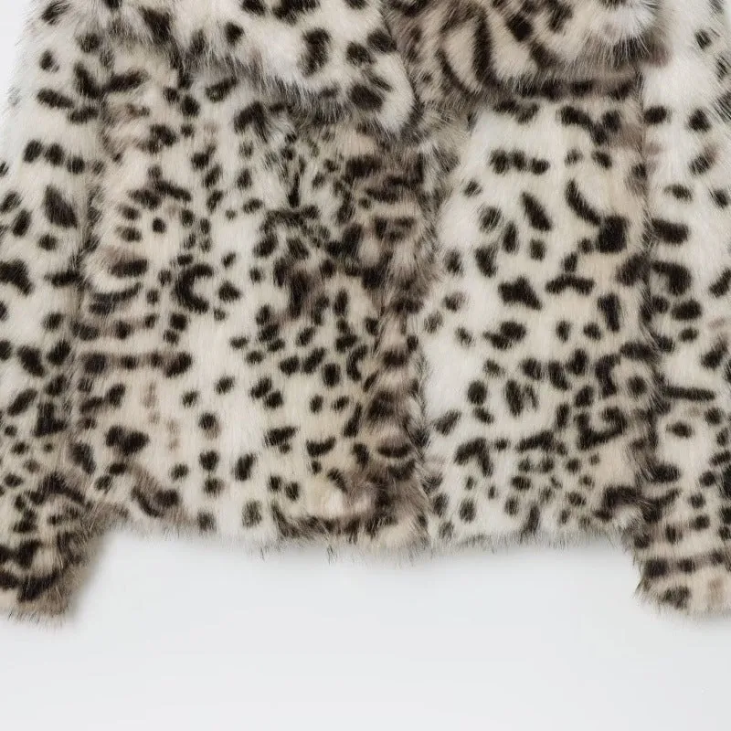 Damen Kurzjacke aus Kunstpelz im Snow-Leopard-Print mit weitem Revers Nord Taschen