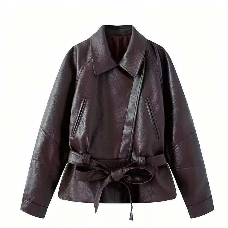 Damen Kurzjacke aus Kunstleder mit Taillengürtel und Hemdkragen Nord Taschen