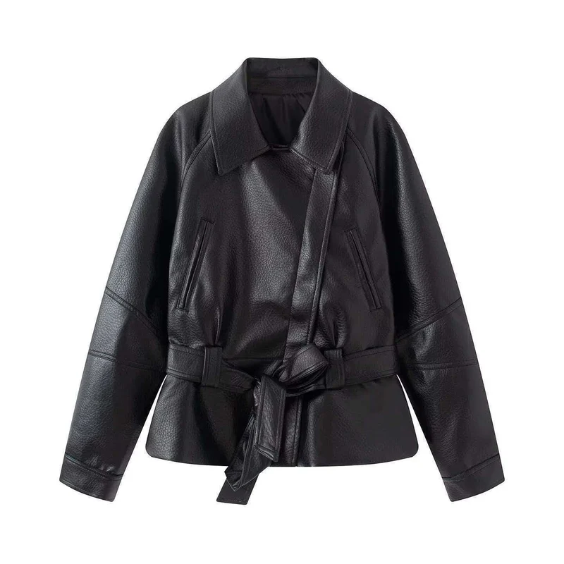Damen Kurzjacke aus Kunstleder mit Taillengürtel und Hemdkragen Nord Taschen