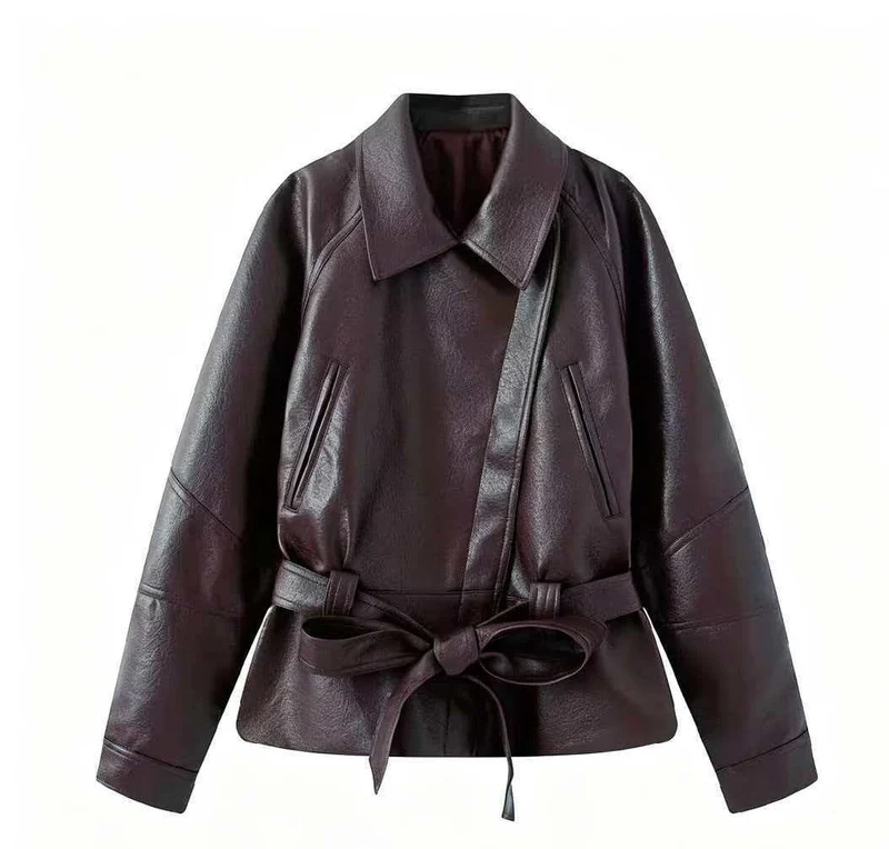 Damen Kurzjacke aus Kunstleder mit Taillengürtel und Hemdkragen Nord Taschen
