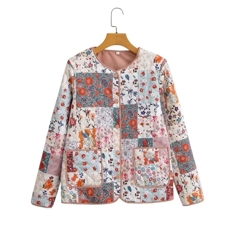 Damen Steppjacke im Patchwork-Bandana-Design mit Rundhals und aufgesetzten Taschen Nord Taschen