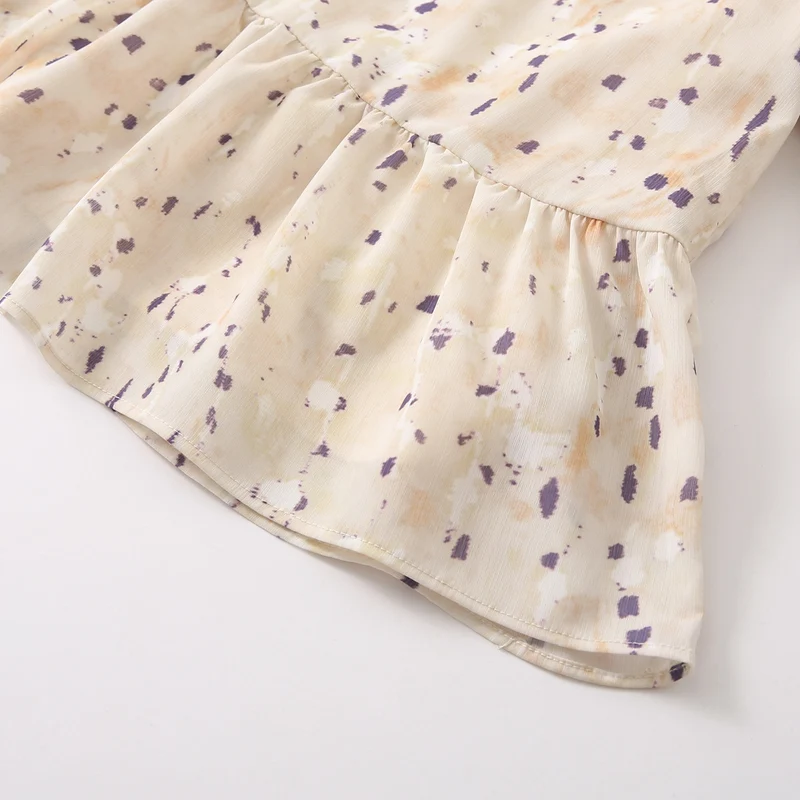 Damen Schluppenbluse mit Volantbesatz, Aquarellprint und Ballonärmeln Nord Taschen