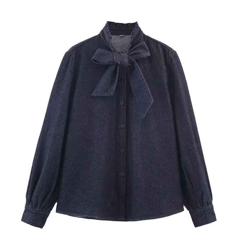 Damen Schimmernde Bluse mit Schleifenkragen und Ballonärmeln Nord Taschen