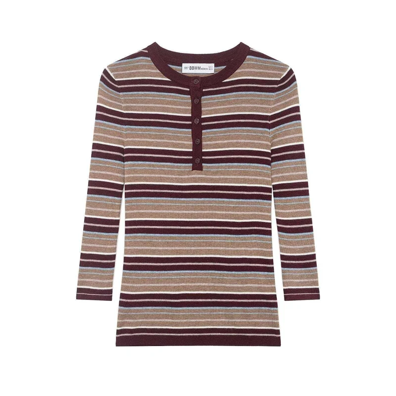 Damen Rippstrick-Longsleeve mit Henley-Knopfleiste und feinem Streifenmuster Nord Taschen