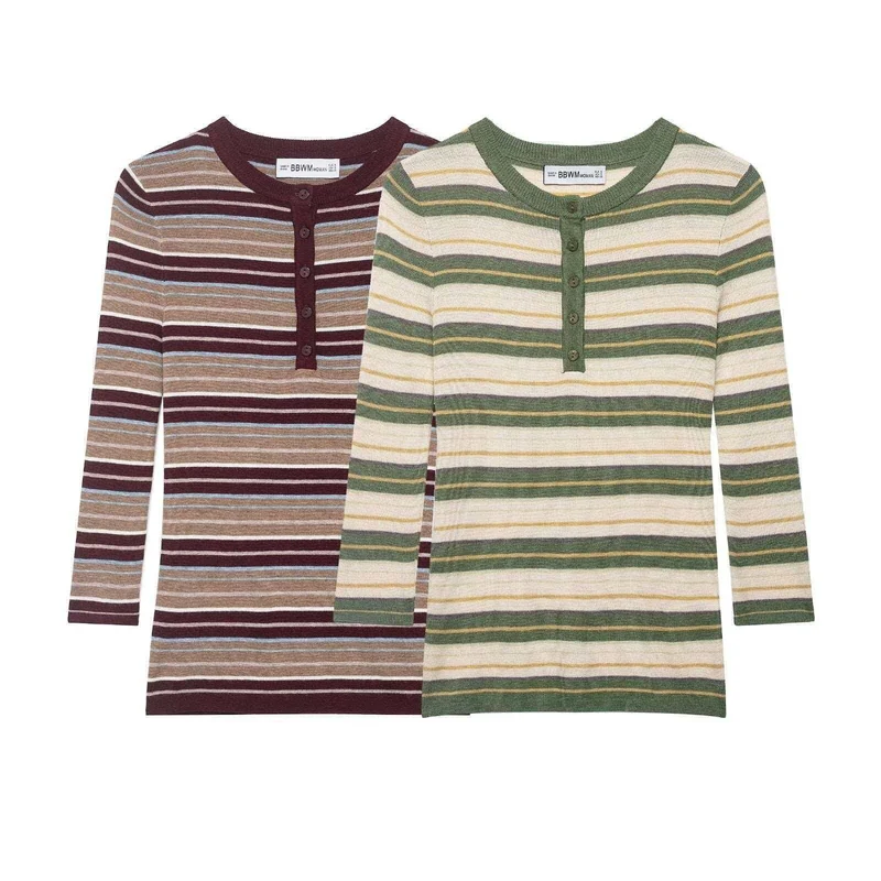 Damen Rippstrick-Longsleeve mit Henley-Knopfleiste und feinem Streifenmuster Nord Taschen