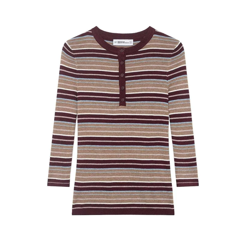Damen Rippstrick-Longsleeve mit Henley-Knopfleiste und feinem Streifenmuster Nord Taschen