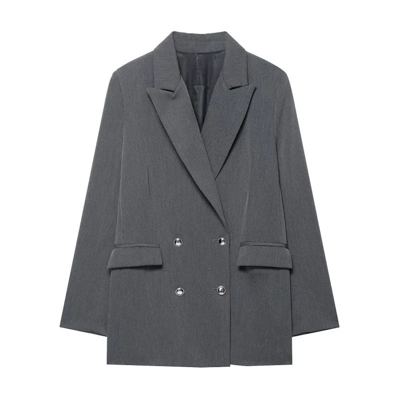 Damen Oversized strukturierter Doppelreiher-Blazer mit weitem Revers und Pattentaschen Nord Taschen