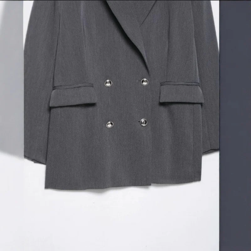Damen Oversized strukturierter Doppelreiher-Blazer mit weitem Revers und Pattentaschen Nord Taschen