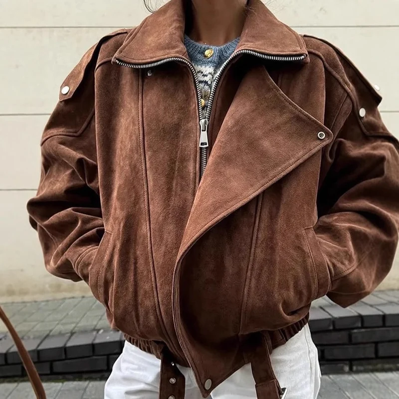 Damen Oversized Kunstwildleder‑Fliegerjacke mit Taillenriemen, Schulterpatten und Stehkragen Nord Taschen