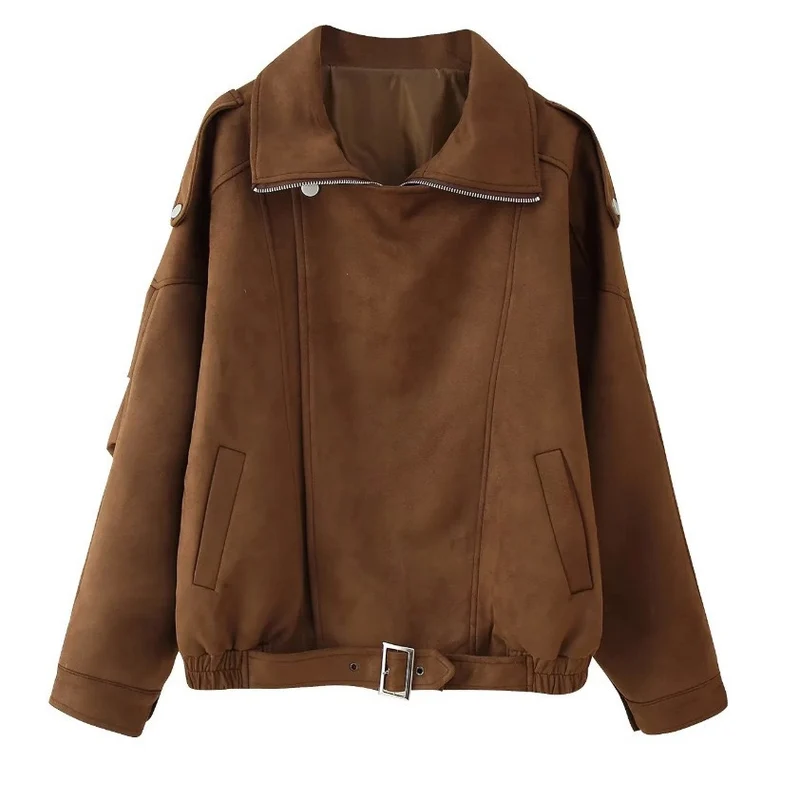 Damen Oversized Kunstwildleder‑Fliegerjacke mit Taillenriemen, Schulterpatten und Stehkragen Nord Taschen