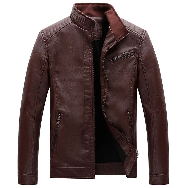Herren Slim-Fit Lederimitat-Bikerjacke mit Stehkragen und Reißverschlusstaschen Nord Taschen