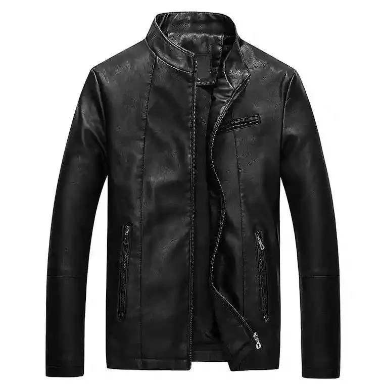 Herren Slim-Fit Kunstlederjacke im Bikerstil mit Stehkragen und Reißverschluss Nord Taschen
