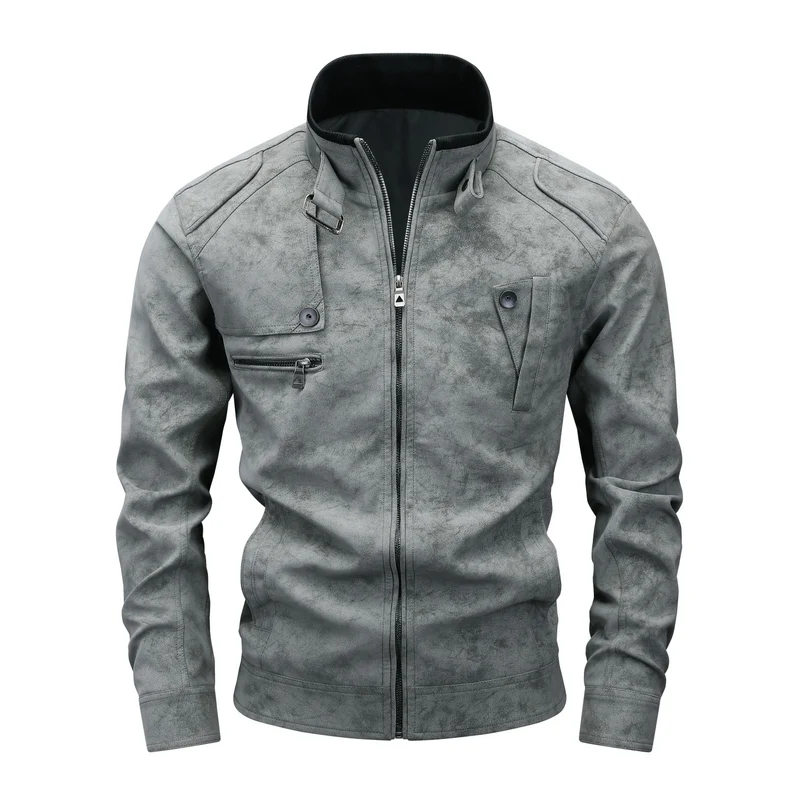 Herren Slim-Fit Biker-Bomberjacke aus Wildlederimitat mit Stehkragen und Zierknöpfen Nord Taschen