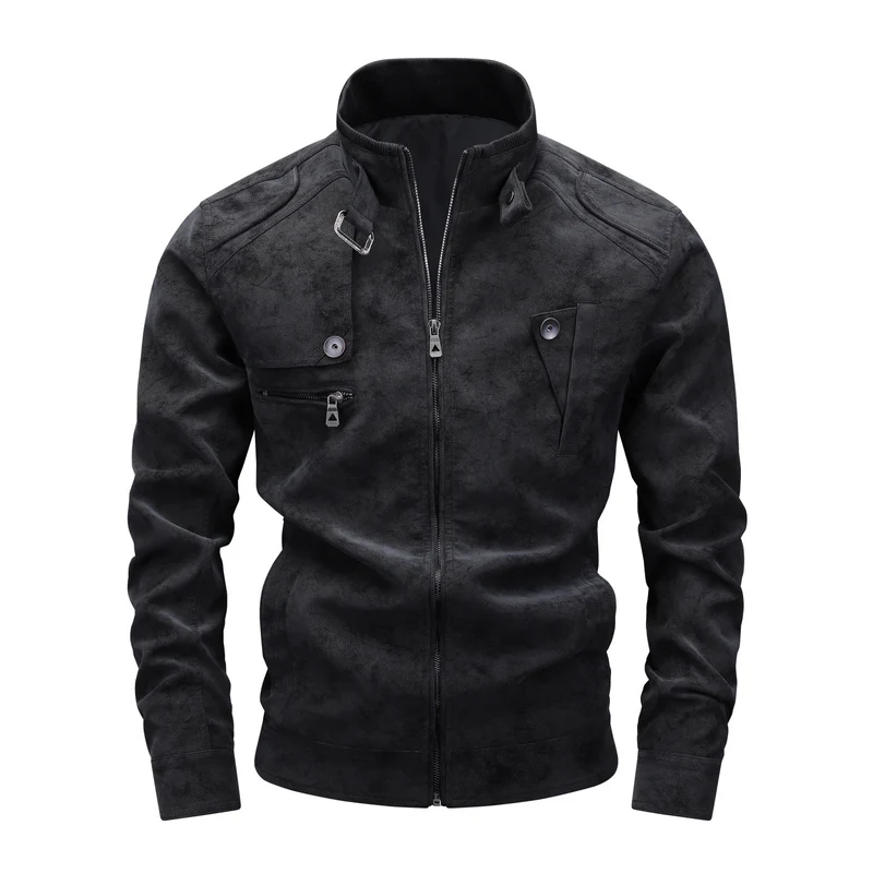 Herren Slim-Fit Biker-Bomberjacke aus Wildlederimitat mit Stehkragen und Zierknöpfen Nord Taschen