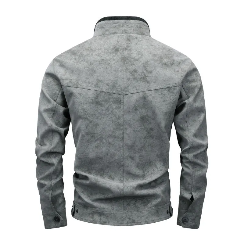 Herren Slim-Fit Biker-Bomberjacke aus Wildlederimitat mit Stehkragen und Zierknöpfen Nord Taschen