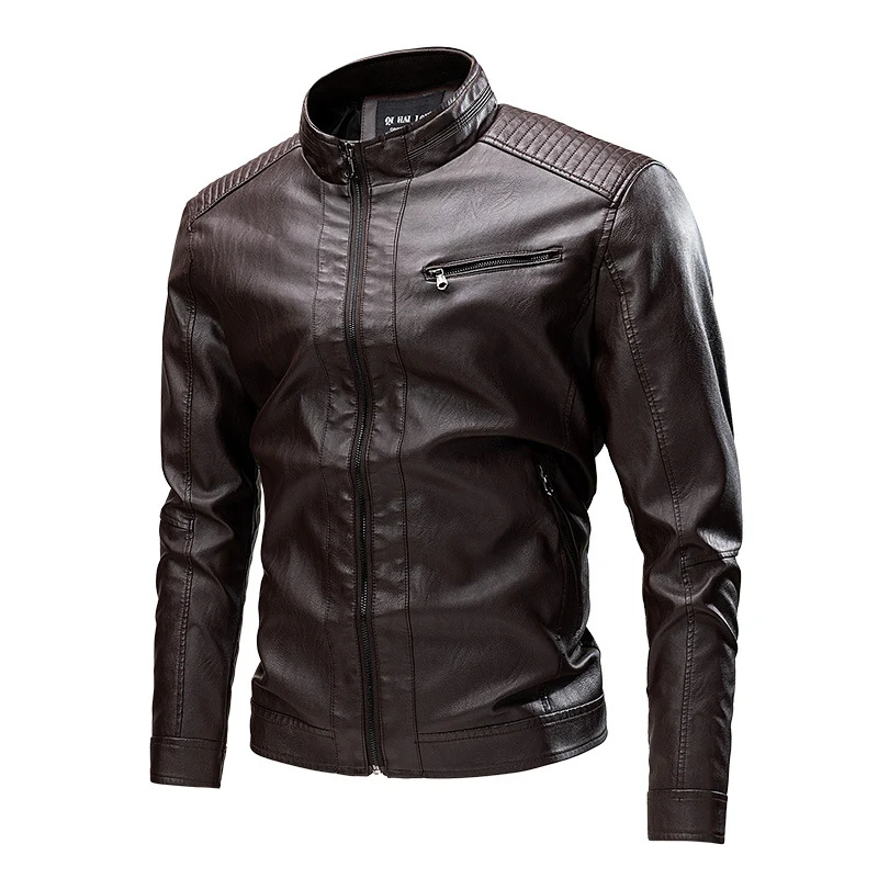 Herren Schmale Kunstleder-Bikerjacke mit Stehkragen und Ziersteppungen Nord Taschen
