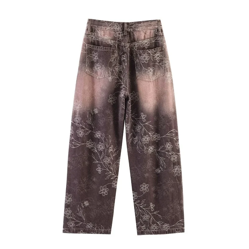 Damen High‑Waist-Jeanshose mit weitem Bein, floraler Vintage‑Print und Five‑Pocket-Schnitt Nord Taschen