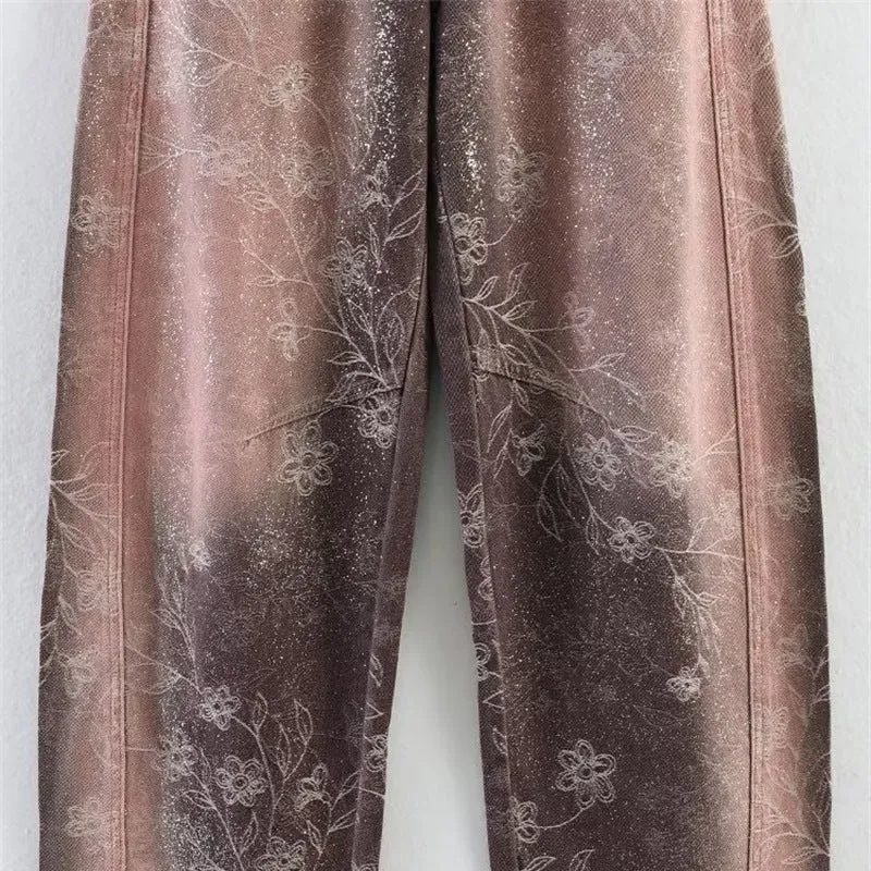 Damen High‑Waist-Jeanshose mit weitem Bein, floraler Vintage‑Print und Five‑Pocket-Schnitt Nord Taschen