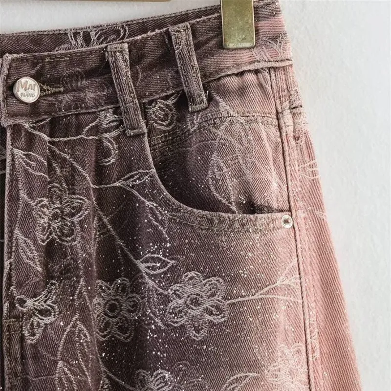 Damen High‑Waist-Jeanshose mit weitem Bein, floraler Vintage‑Print und Five‑Pocket-Schnitt Nord Taschen