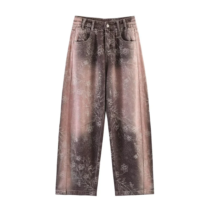 Damen High‑Waist-Jeanshose mit weitem Bein, floraler Vintage‑Print und Five‑Pocket-Schnitt Nord Taschen