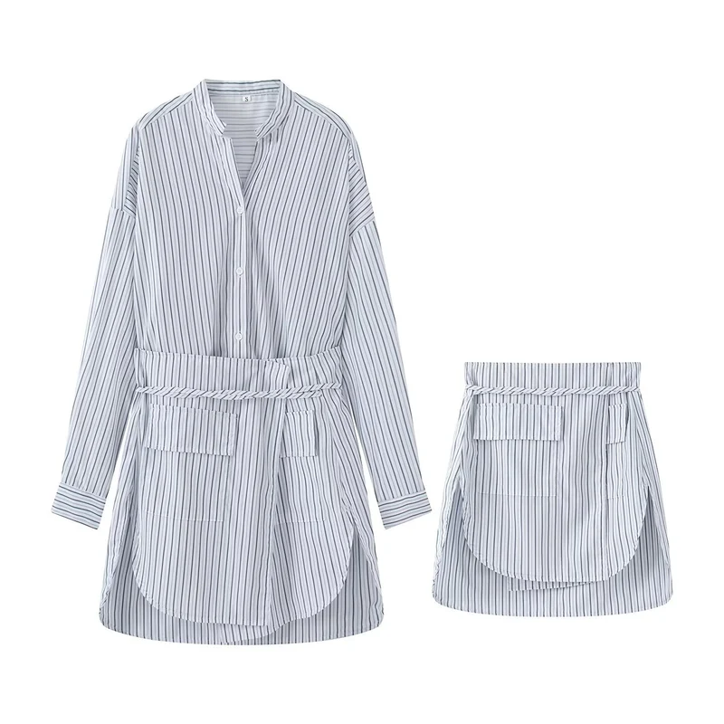 Damen Hemdblusenkleid mit Taillengürtel, Mandarin-Kragen und aufgesetzten Taschen Nord Taschen