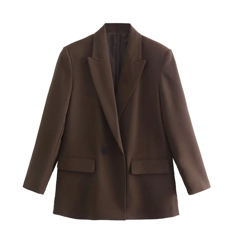 Damen Doppelreihiger Longblazer mit weitem Schalkragen und Pattentaschen Nord Taschen