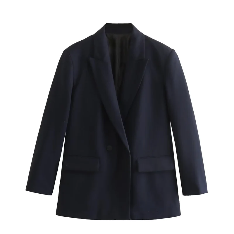Damen Doppelreihiger Longblazer mit weitem Schalkragen und Pattentaschen Nord Taschen