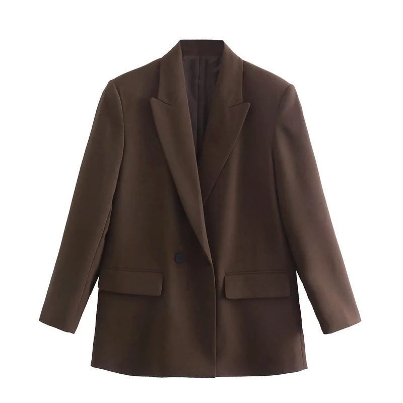 Damen Doppelreihiger Longblazer mit weitem Schalkragen und Pattentaschen Nord Taschen