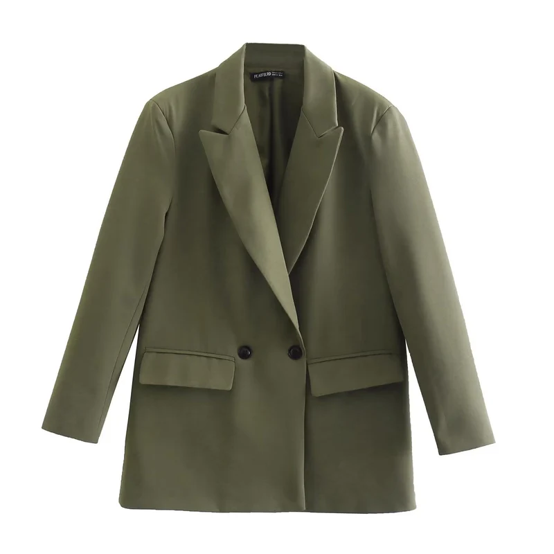 Damen Doppelreihiger Longblazer mit weitem Schalkragen und Pattentaschen Nord Taschen